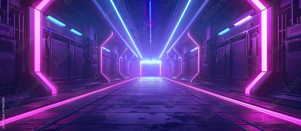 Dimly lit corridor illuminated by neon lights casting an eerie glow over train tracks Dimly lit corridor illuminated by neon lights casting an eerie glow over train tracks