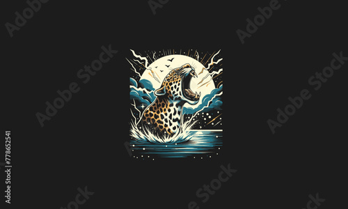 head leopard on lake lightning vector artwork design