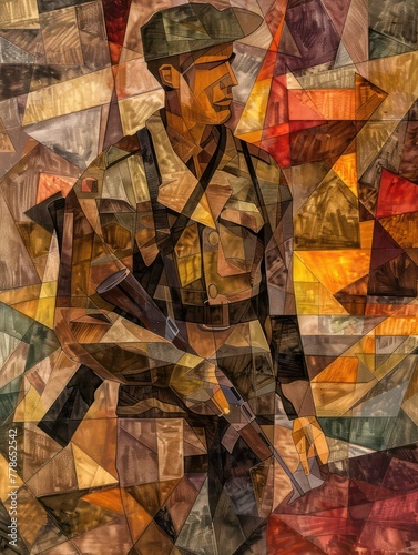 An artistic representation of a soldier with a mosaic of geometric shapes creating an abstract background © Matthew
