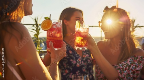 Friends toasting with vibrant Granini Sensation cocktails on a sunlit balcony, laughter filling the air. photo