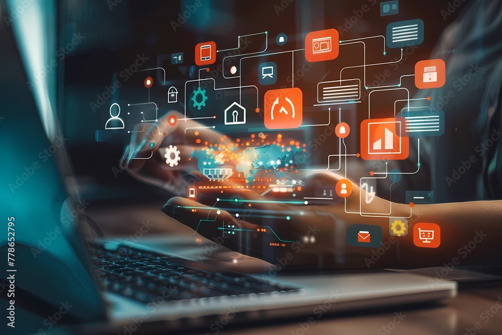 Businesswoman working on laptop computer in modern office. Internet and technology concept. Ai generated. Businesswoman working on laptop computer in modern office. Internet and technology concept. Ai generated.