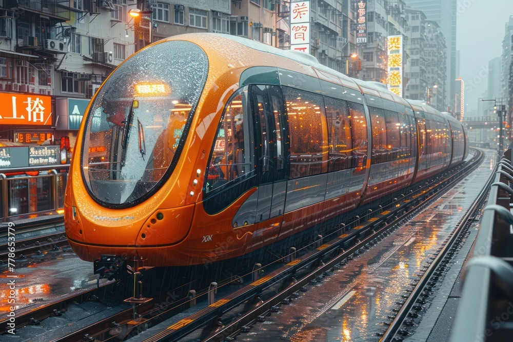 Fototapeta premium An orange modern tram is shown on a rainy day, with city buildings and neon signs in the background, reflecting urban life