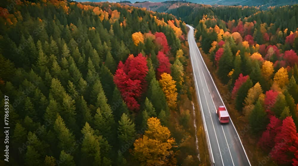 Aerial View of a Red Heavy Truck Navigating Through a Forest Road