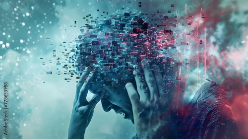 Conceptual digital art of a person's head disintegrating into pixels, symbolizing data overload and the digital age's impact on mental health photo