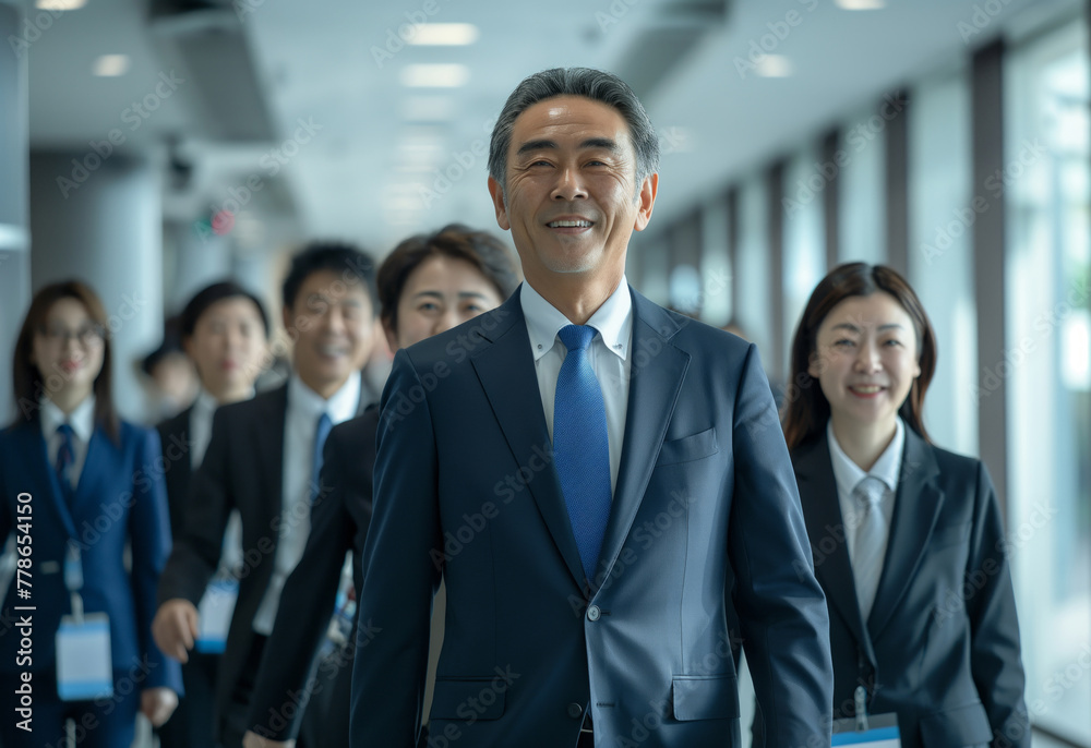 Experienced Leadership: Senior Asian Executive with Business Team in Office Corridor Experienced Leadership: Senior Asian Executive with Business Team in Office Corridor