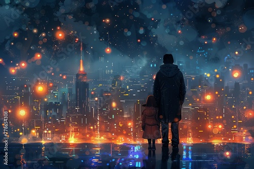 Man standing and looking at bright city lights 