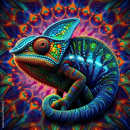 Colourful Chameleon at kaleidoscope pattern background ,Chameleon Closeup ,Sitting ,nature ,reptile ,lizard ,dragon , animal ,green , branch ,illustration . © Zigma Arts