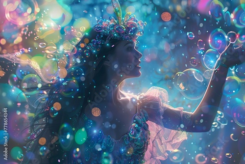 Portrait of woman surrounded by bright bubbles