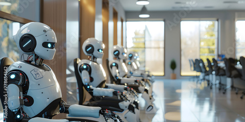 Jobs that are actualy replace by AI, AI driven robots employee are lined up in a row in the Office automation facility, A humanoid robots with advanced features are seated at a desk in the office