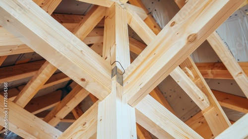 Assembly of the wooden frames beams and trusses  photo