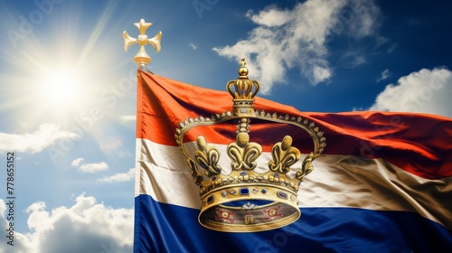 Dutch Kingdom flag waving proudly with a golden crown  photo
