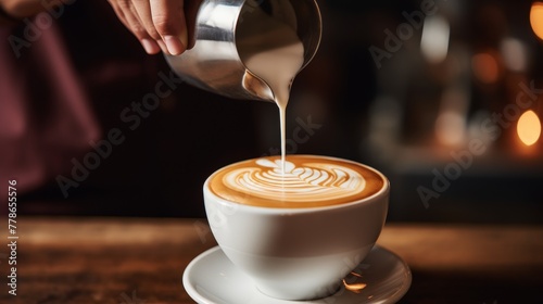 Barista pouring steamed milk into coffee cup creating latte art