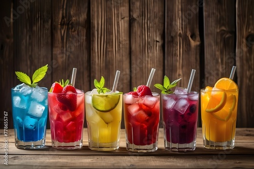 variety of freshly made iced fruit drinks against a wooden backdrop © Hassan