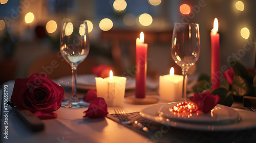 Romantic candlelit dinner table at night