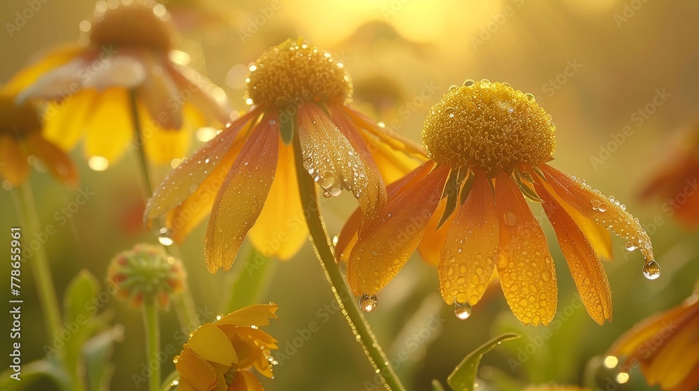 Fototapeta premium Ethereal Morning Dew: Helenium Flowers at Dawn - Convey the tranquil beauty of helenium flowers in the early morning light, with dewdrops delicately adorning each petal.