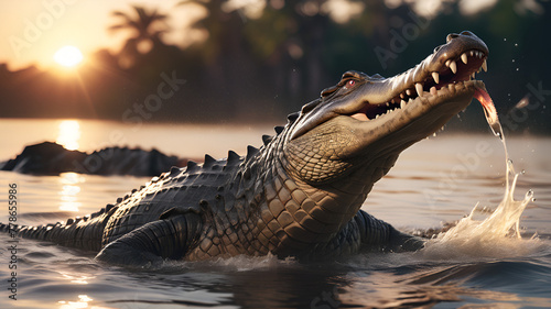 Dangerous crocodile swiming in the lake at sunset,