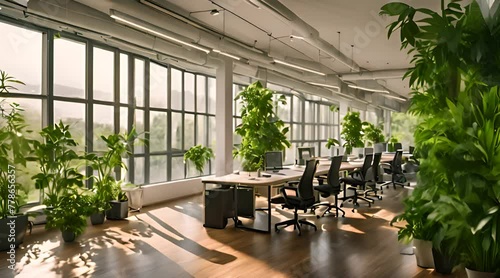 Sunlit Open Space Office Adorned with Lush Green Plants