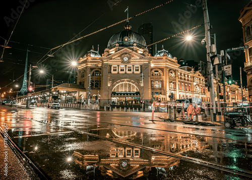 The view of the Flinders Street Railway Station in Melbourne City in a rainy night