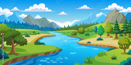 vector illustration capturing the tranquility of a serene mountain landscape at sunset.