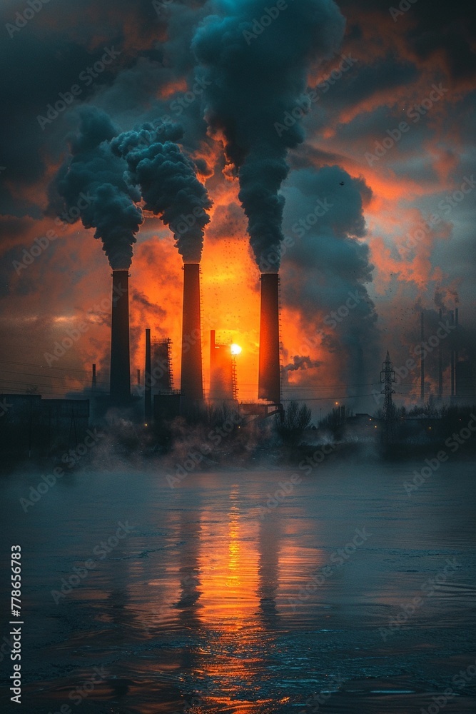 Smokechoked sky from chimneys, dark, ominous industrial scene, stark realism , 8K , high-resolution, ultra HD,up32K HD