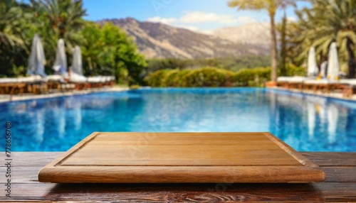 Poolside Elegance  Empty Table Against Summer Blurred Background