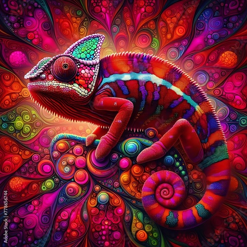 Colourful Chameleon at kaleidoscope pattern background , Mesmerizing View , high resolution, nature, ecology, 3d rendering