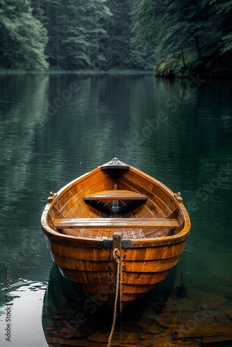 Tranquil water, single wooden boat, realistic texture, serene daylight, peaceful , 8K , high-resolution, ultra HD,up32K HD © ธนากร บัวพรหม