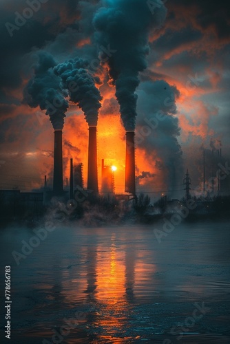 Smokechoked sky from chimneys  dark  ominous industrial scene  stark realism   8K   high-resolution  ultra HD up32K HD