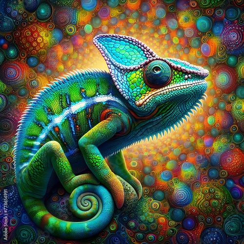 Colourful Chameleon at kaleidoscope pattern background , Mesmerizing View , high resolution, nature, ecology, 3d rendering