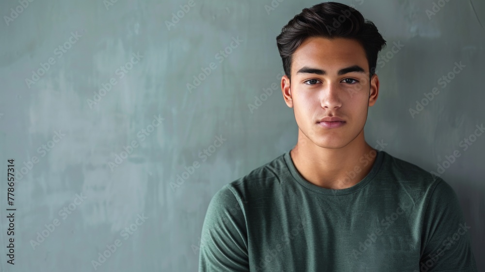 Obraz premium Solo portrait of a confident youth with a minimalist background, highlighting a unique, contemporary style.