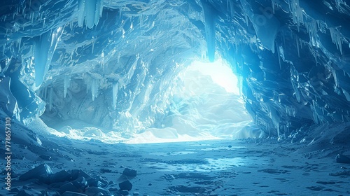Crystalclear ice cave, photorealistic interior, vibrant blues, natural lighting ,3DCG,clean sharp focus © Dadee