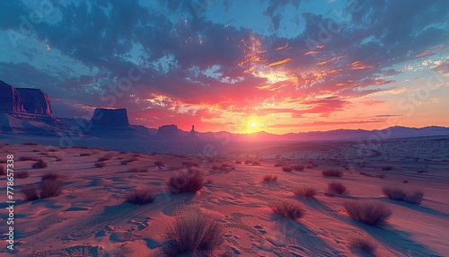 Desert landscapes at sunset offer a unique blend of colors and textures, with sand dunes, rock formations, and sparse vegetation silhouetted against the evening sky.