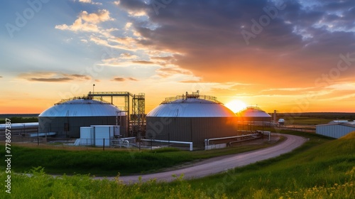 Biogas Plant in Rural Area at Sunset 