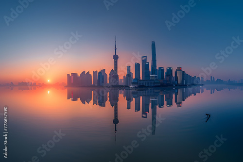 Shanghai skyline in foggy day, China. 3D rendering