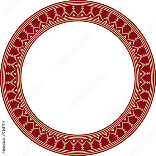 Vector golden and red round Yakut ornament. Endless circle, border, frame of the northern peoples of the Far East.