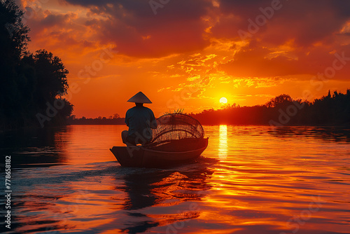 Asia fisherman net using on wooden boat casting net in the Mekong river at sunset  © hoan