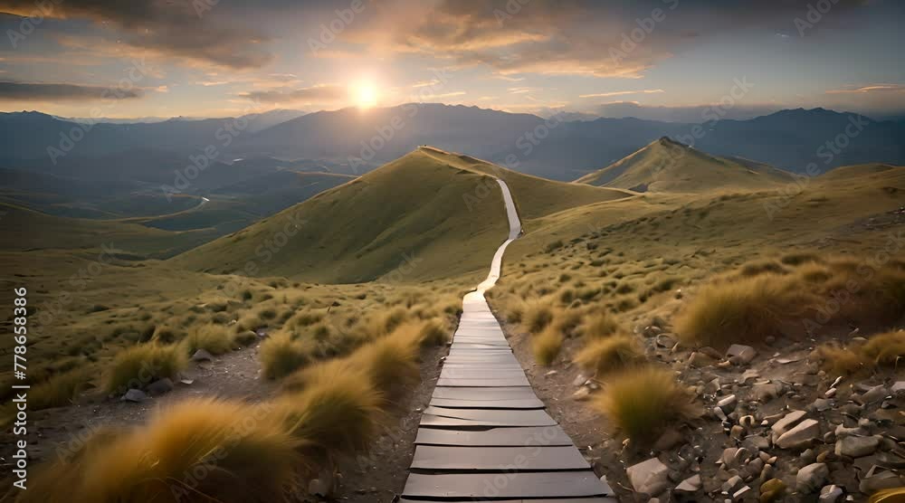 Illuminated Pathway to Success: A Conceptual Representation with a Flag on a Mountain Peak