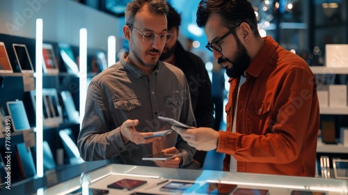 Two men comparing tech gadgets in a sleek electronics shop, discussing features and design.