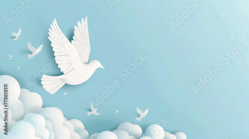Image depicts tranquil paper-like doves soaring amongst fluffy clouds against a soft blue backdrop, symbolizing peace and freedom