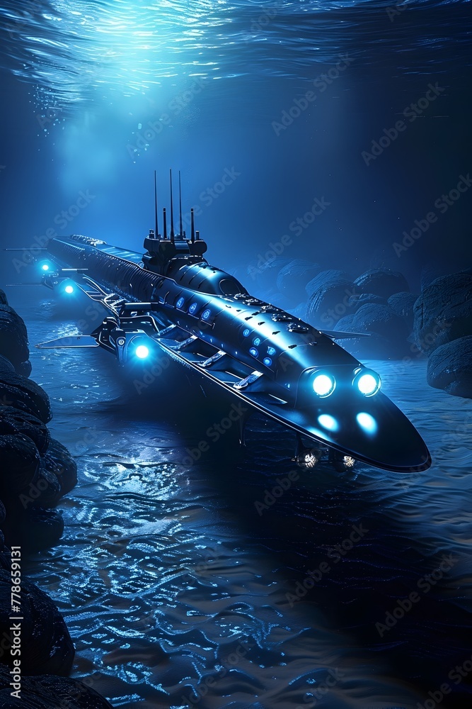 Futuristic Submarine's Silent Journey Through the Depths of the Ocean's Unseen World