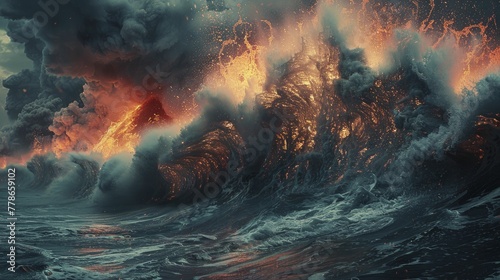 Fusion of Fire and Water  Volcanic Eruption Overlapping with Ocean Waves  Summer Concept.