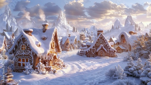 Experience the whimsical charm of gingerbread houses nestled against majestic snow-capped mountains in a magical winter wonderland.