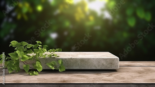 Rectangle stone podium platform with natural green vines creeper in backyard garden with shadow sunlight background. Nature and object for advertising concept