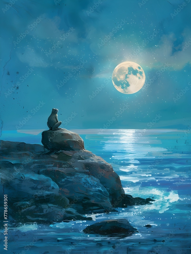 Lone Frog Contemplating the Vast Ocean Expanse Under the Mesmerizing Full Moon Lone Frog Contemplating the Vast Ocean Expanse Under the Mesmerizing Full Moon