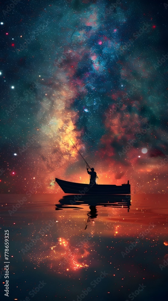 Fisherman's Solitude: Under the Mystical Glow of the Milky Way on a Tranquil Ocean Night Fisherman's Solitude: Under the Mystical Glow of the Milky Way on a Tranquil Ocean Night