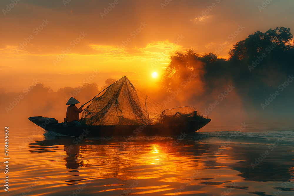 Asia fisherman net using on wooden boat casting net in the Mekong river at sunset  - obrazy, fototapety, plakaty 