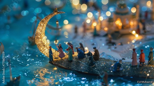 Tiny people in traditional clothing gather for prayers on a crescent moon-shaped landmass. Sparkling lights illuminate the miniature cities, and 