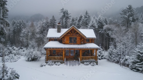 Escape to the tranquil world of log cabins amidst snowfall, embracing the seclusion and beauty of winter living.