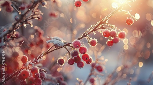 Frosted Berries and Sunbeams, A Glimpse of Warmth in Winter's Chill.