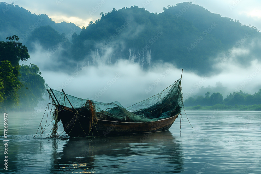 Asian fishermen dry their nets on wooden boats at dawn on the river
